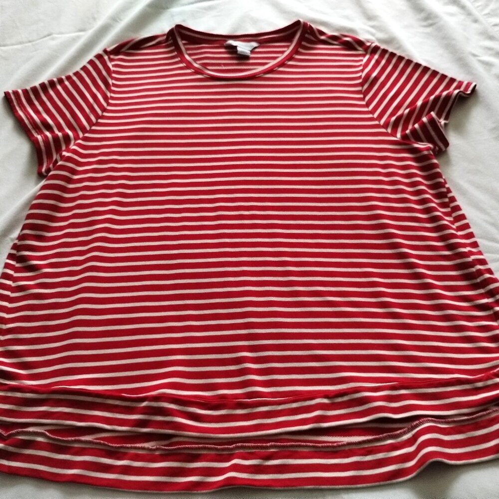LIZ CLAIBORNE Red & White STRIPE Short Slv CREW Neck SWEATSHIRT Top Sz XXL